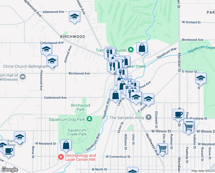 map of restaurants, bars, coffee shops, grocery stores, and more near 2516 Cedarwood Avenue in Bellingham