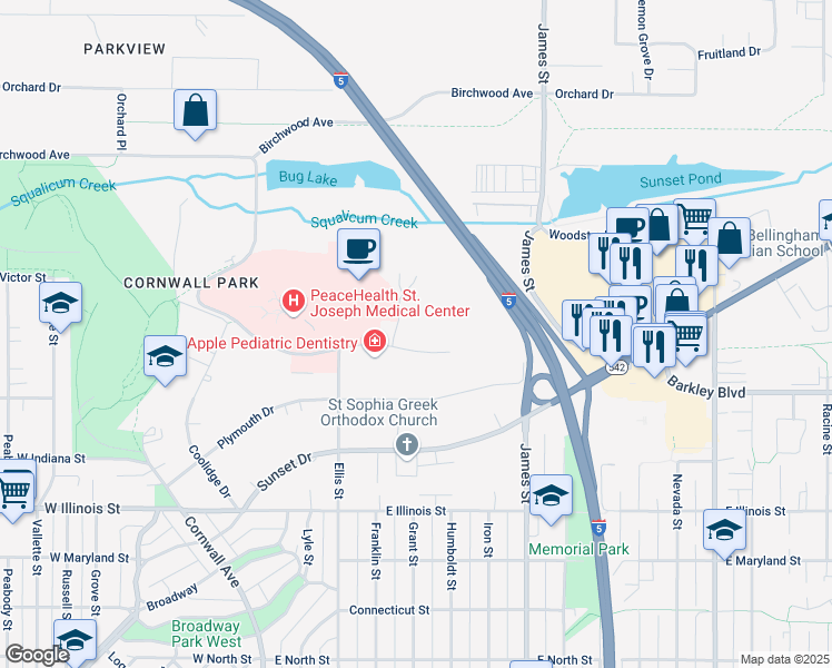 map of restaurants, bars, coffee shops, grocery stores, and more near 3121 Squalicum Parkway in Bellingham