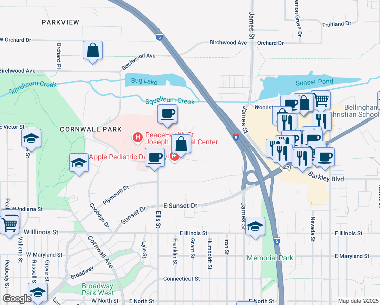 map of restaurants, bars, coffee shops, grocery stores, and more near 3121 Squalicum Parkway in Bellingham