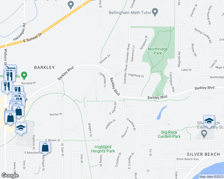 map of restaurants, bars, coffee shops, grocery stores, and more near 3350 Bellevue Place in Bellingham