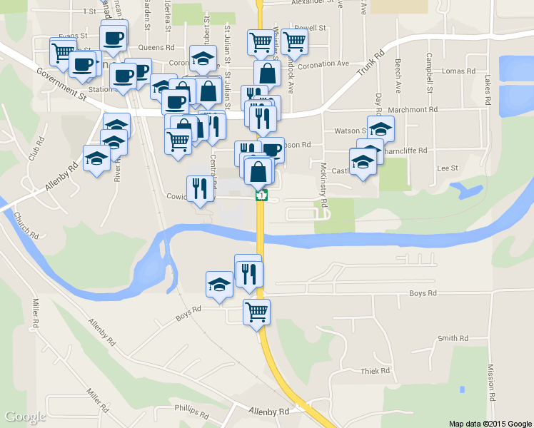 map of restaurants, bars, coffee shops, grocery stores, and more near 540 Island Highway in Duncan