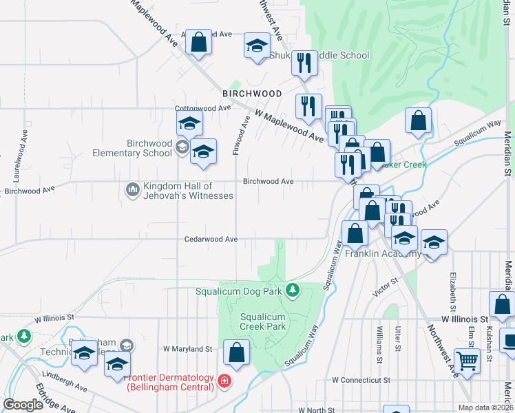 map of restaurants, bars, coffee shops, grocery stores, and more near 2725 Birchwood Avenue in Bellingham