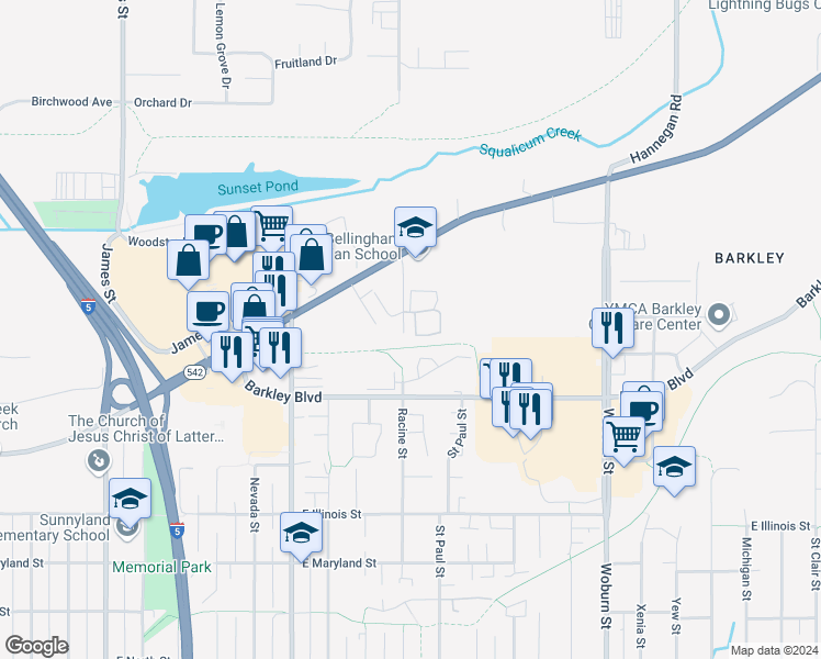 map of restaurants, bars, coffee shops, grocery stores, and more near 3124 Racine Street in Bellingham