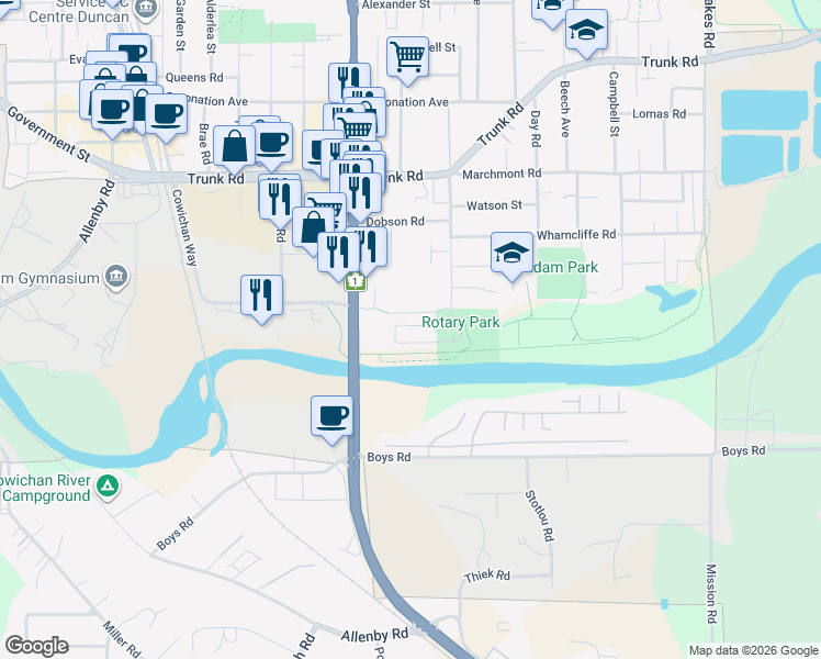 map of restaurants, bars, coffee shops, grocery stores, and more near 111 McKinstry Road in Duncan