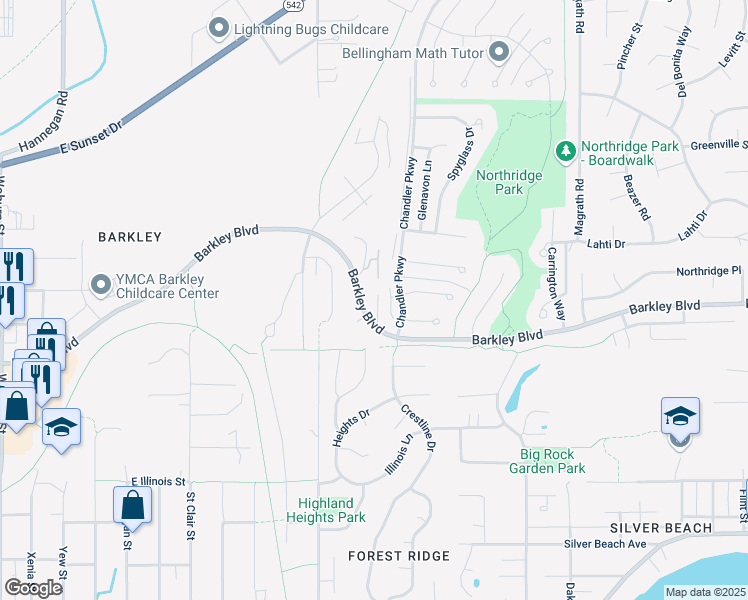 map of restaurants, bars, coffee shops, grocery stores, and more near 3350 Bellevue Place in Bellingham