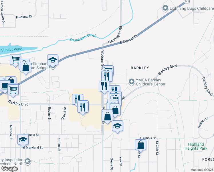 map of restaurants, bars, coffee shops, grocery stores, and more near 3245 Woburn Street in Bellingham