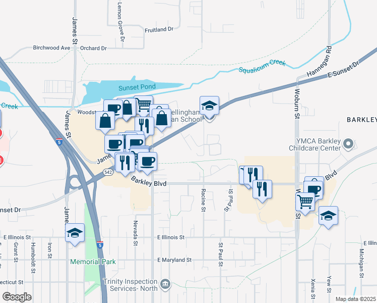 map of restaurants, bars, coffee shops, grocery stores, and more near 3155 Racine Street in Bellingham
