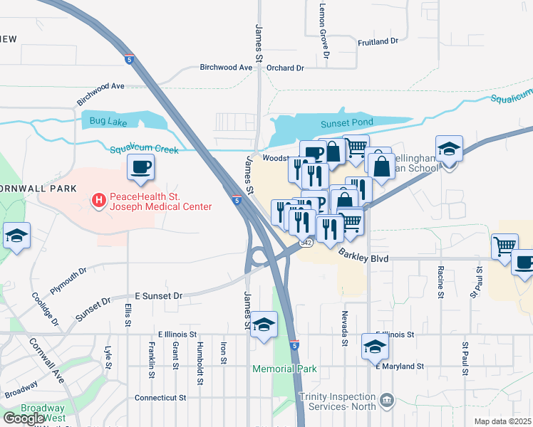 map of restaurants, bars, coffee shops, grocery stores, and more near 2800 James Street Road in Bellingham