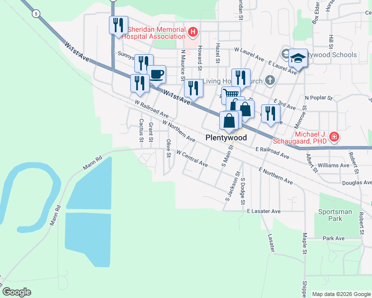 map of restaurants, bars, coffee shops, grocery stores, and more near 301-315 West Central Avenue in Plentywood