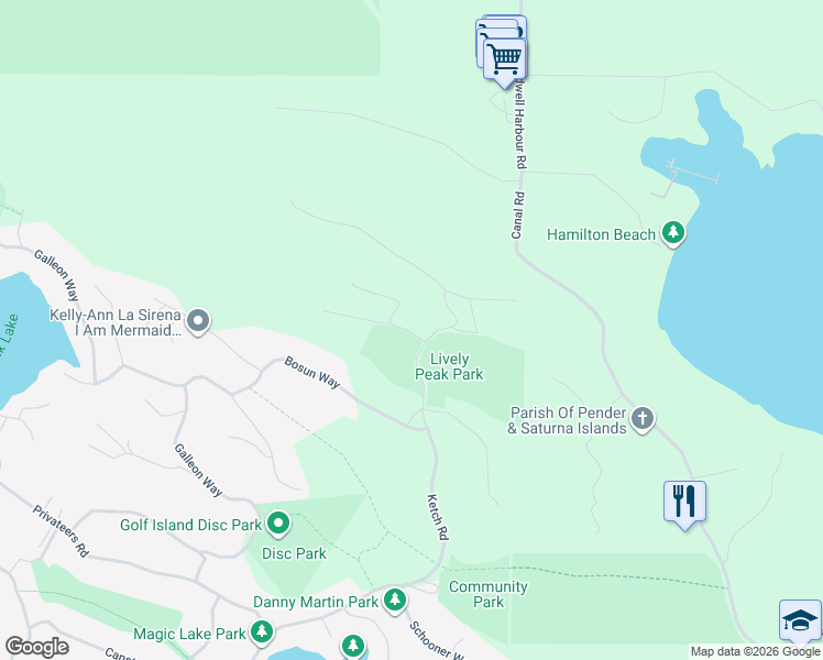 map of restaurants, bars, coffee shops, grocery stores, and more near 4609 Sailor Road in Pender Island