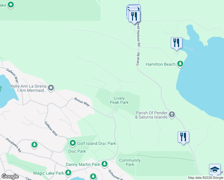 map of restaurants, bars, coffee shops, grocery stores, and more near 4622 Sailor Road in Pender Island