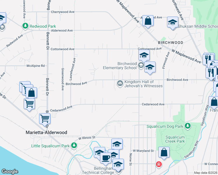map of restaurants, bars, coffee shops, grocery stores, and more near 3013 Birchwood Avenue in Bellingham