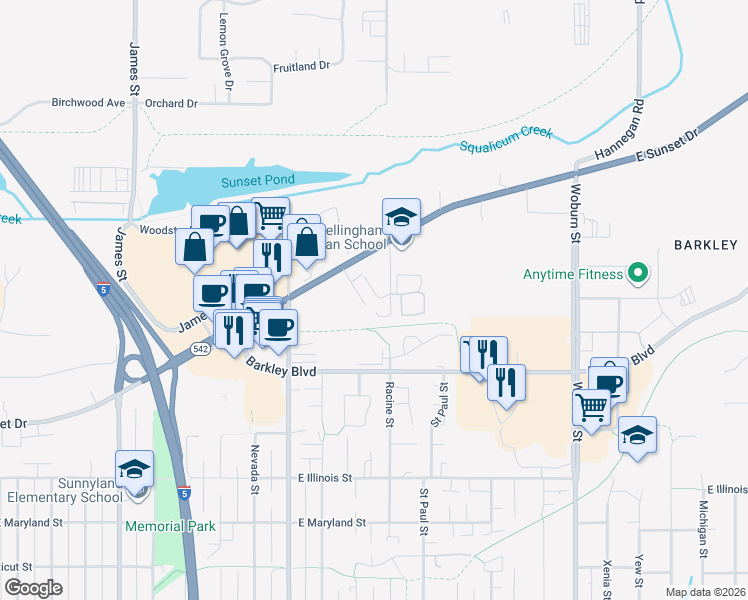 map of restaurants, bars, coffee shops, grocery stores, and more near 3195 Racine Street in Bellingham