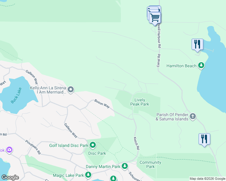 map of restaurants, bars, coffee shops, grocery stores, and more near 4609 Sailor Road in Pender Island