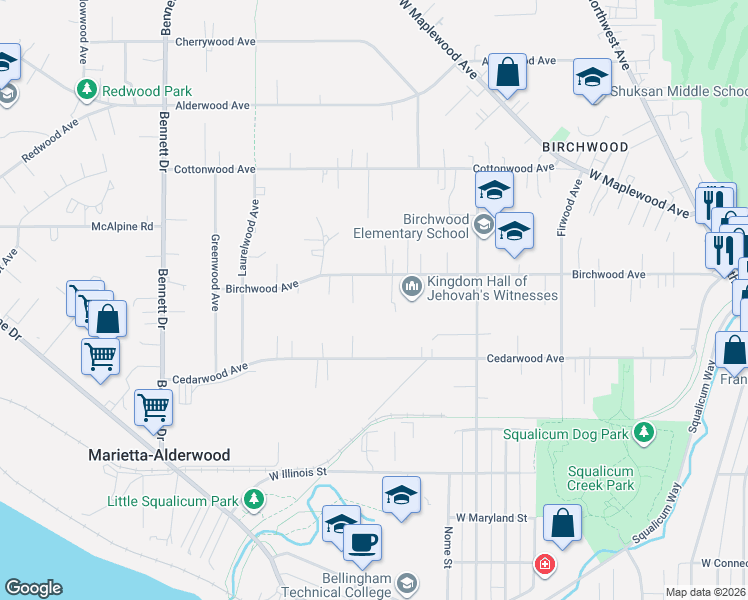 map of restaurants, bars, coffee shops, grocery stores, and more near 3013 Birchwood Avenue in Bellingham