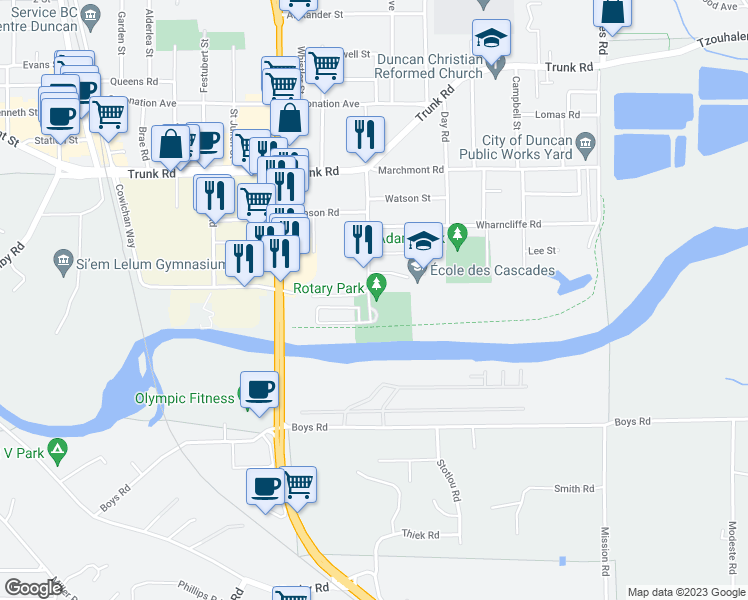 map of restaurants, bars, coffee shops, grocery stores, and more near 111 McKinstry Road in Duncan