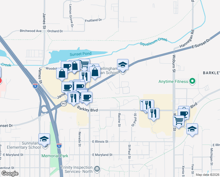 map of restaurants, bars, coffee shops, grocery stores, and more near 3155 Racine Street in Bellingham