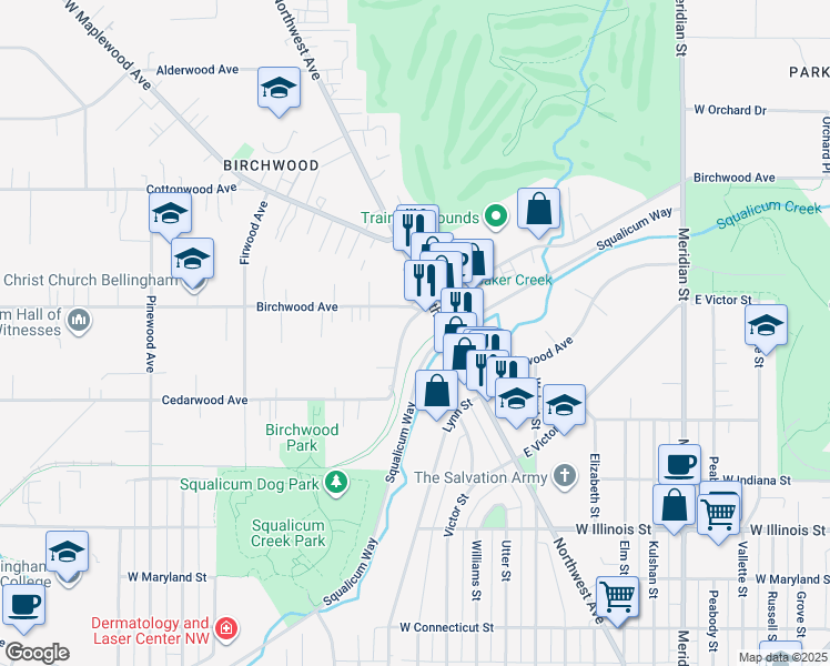 map of restaurants, bars, coffee shops, grocery stores, and more near Squalicum Way in Bellingham