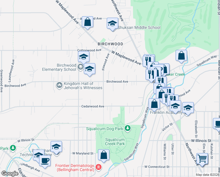map of restaurants, bars, coffee shops, grocery stores, and more near 2725 Birchwood Avenue in Bellingham
