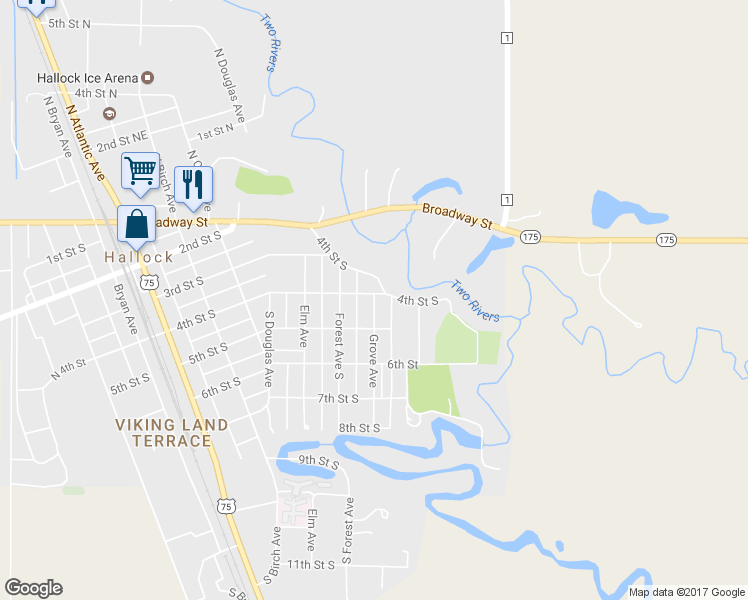 map of restaurants, bars, coffee shops, grocery stores, and more near 418 Grove Avenue in Hallock