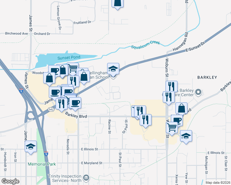 map of restaurants, bars, coffee shops, grocery stores, and more near 1600 East Sunset Drive in Bellingham