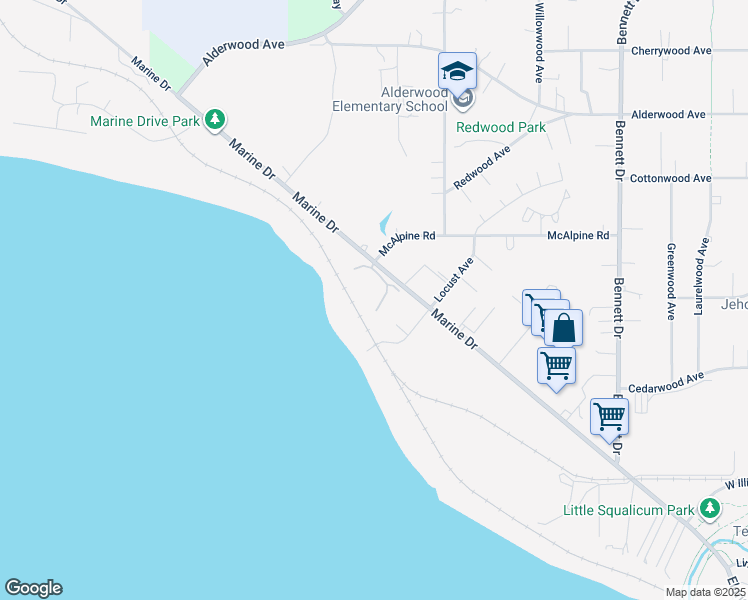 map of restaurants, bars, coffee shops, grocery stores, and more near 909 Marine Drive in Bellingham