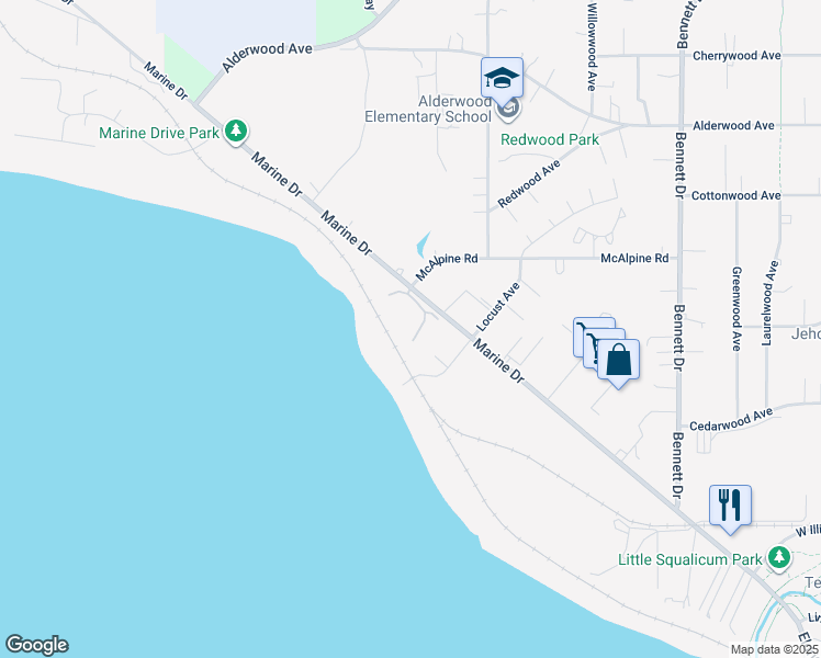 map of restaurants, bars, coffee shops, grocery stores, and more near 909 Marine Drive in Bellingham