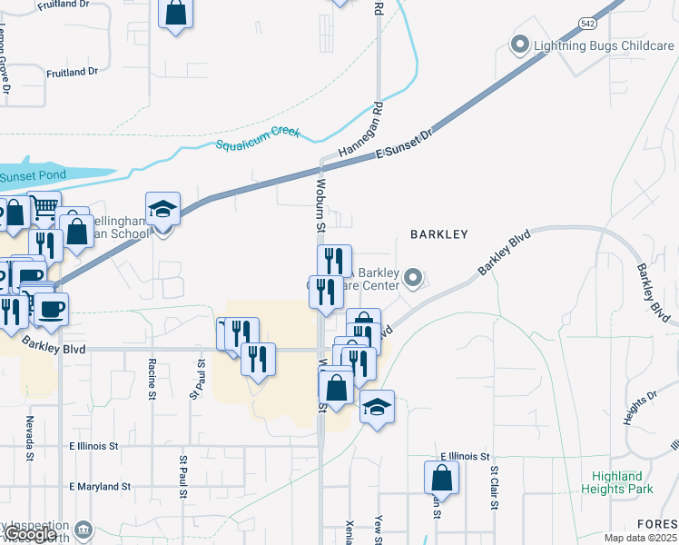 map of restaurants, bars, coffee shops, grocery stores, and more near 3350-3376 Woburn Street in Bellingham