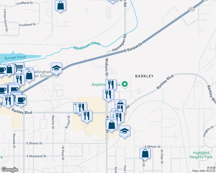 map of restaurants, bars, coffee shops, grocery stores, and more near 3350 Woburn Street in Bellingham