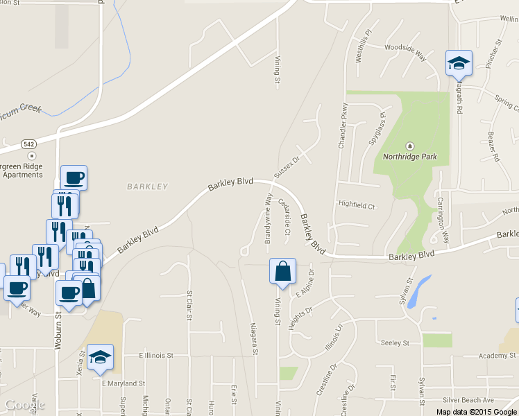 map of restaurants, bars, coffee shops, grocery stores, and more near 3319 Brandywine Court in Bellingham