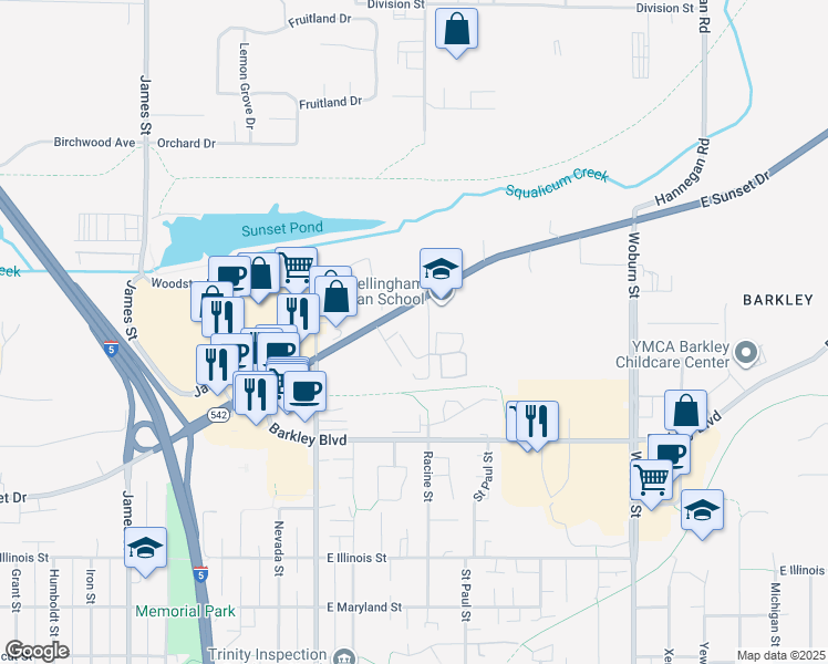 map of restaurants, bars, coffee shops, grocery stores, and more near 3233 Racine Street in Bellingham