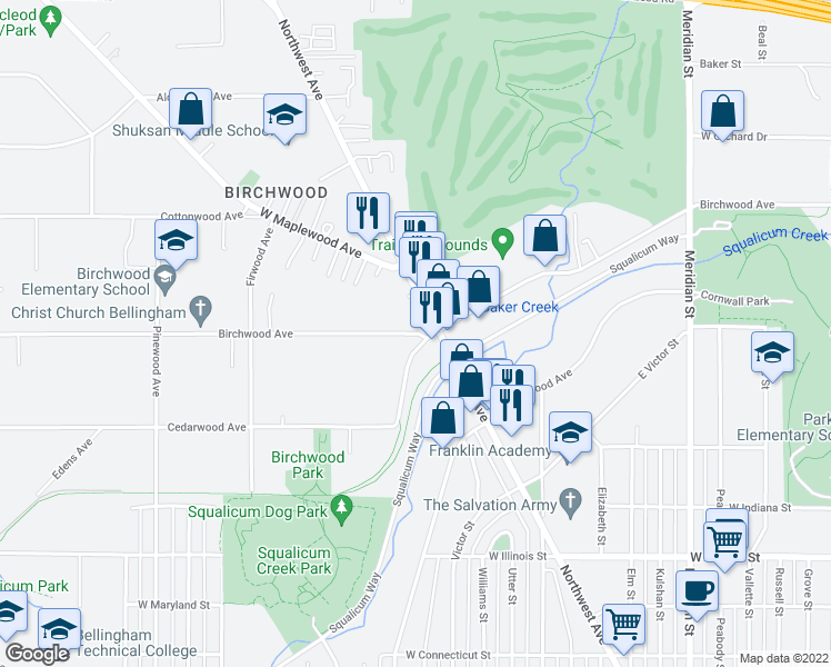 map of restaurants, bars, coffee shops, grocery stores, and more near 100 Birchwood Avenue in Bellingham