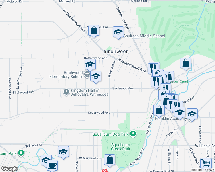 map of restaurants, bars, coffee shops, grocery stores, and more near 2800 Birchwood Avenue in Bellingham