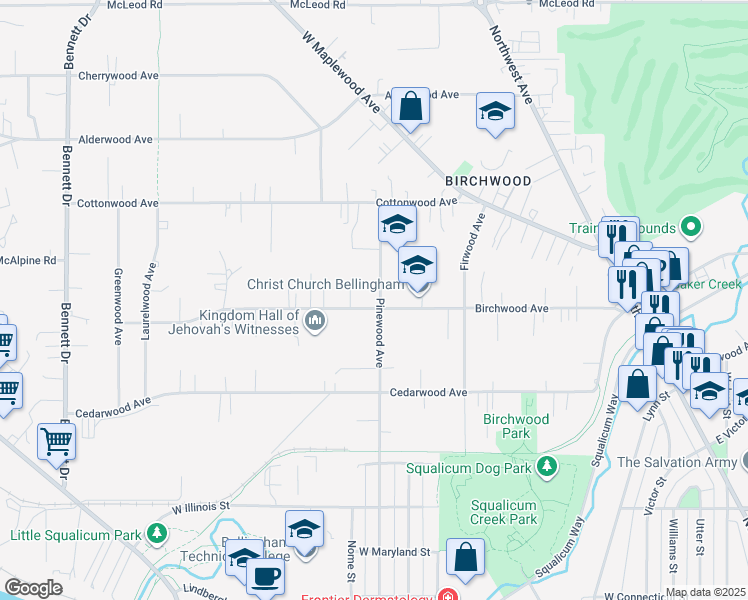 map of restaurants, bars, coffee shops, grocery stores, and more near 3201 Pinewood Avenue in Bellingham