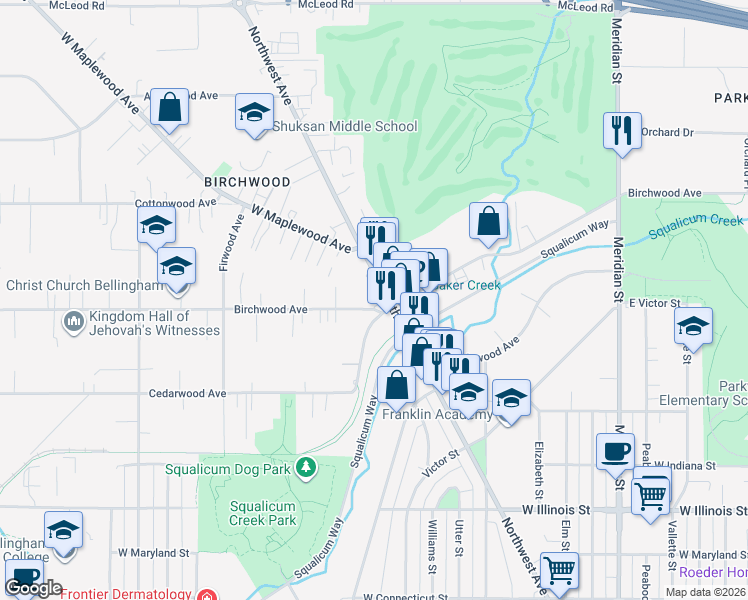 map of restaurants, bars, coffee shops, grocery stores, and more near 2600 Birchwood Avenue in Bellingham