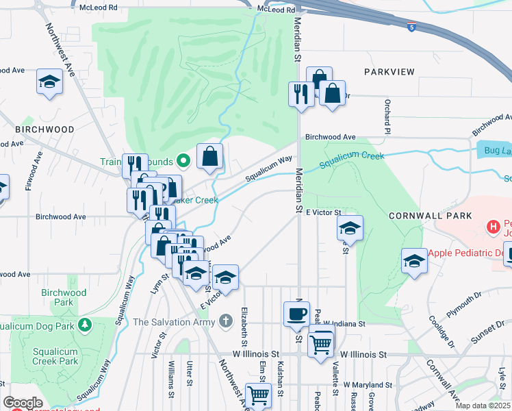 map of restaurants, bars, coffee shops, grocery stores, and more near 1311 East Maplewood Avenue in Bellingham