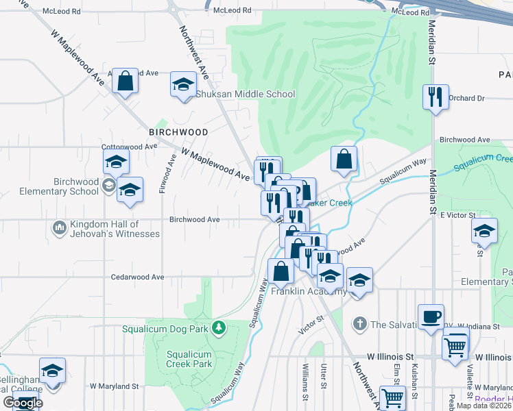 map of restaurants, bars, coffee shops, grocery stores, and more near 2617 Birchwood Avenue in Bellingham