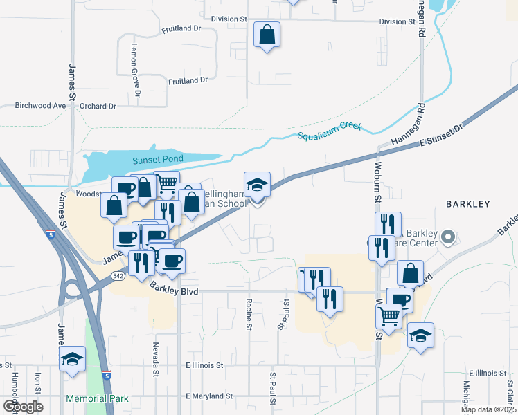 map of restaurants, bars, coffee shops, grocery stores, and more near 1600 East Sunset Drive in Bellingham