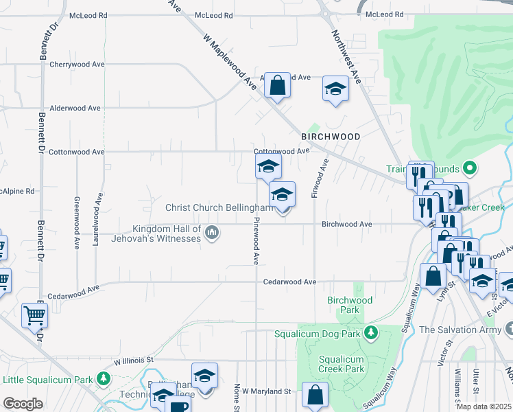 map of restaurants, bars, coffee shops, grocery stores, and more near 3201 Pinewood Avenue in Bellingham