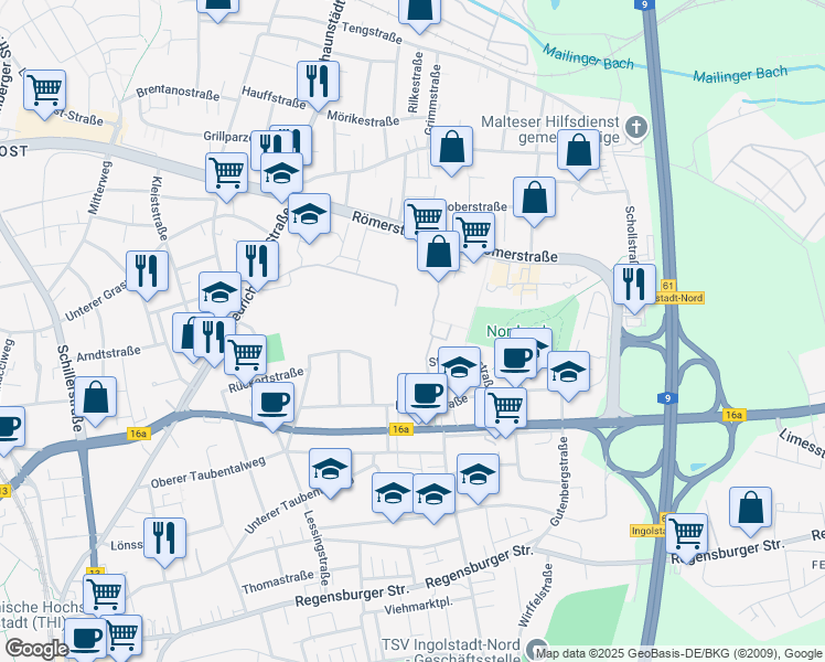 map of restaurants, bars, coffee shops, grocery stores, and more near 6 Despag-Straße in Ingolstadt