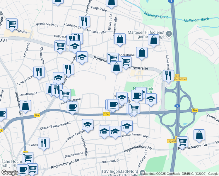 map of restaurants, bars, coffee shops, grocery stores, and more near 6 Despag-Straße in Ingolstadt