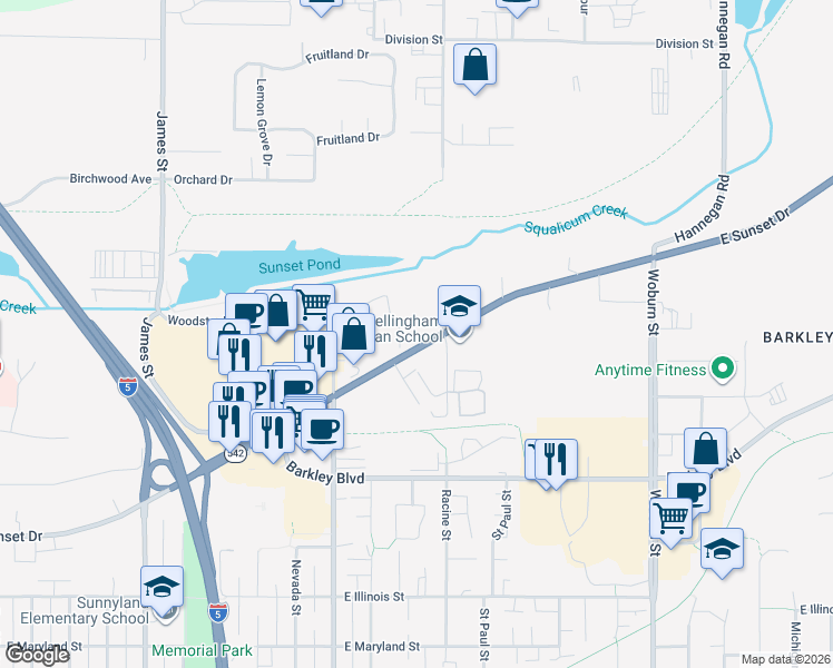 map of restaurants, bars, coffee shops, grocery stores, and more near 3303 Racine Street in Bellingham