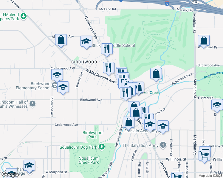 map of restaurants, bars, coffee shops, grocery stores, and more near 2600 West Maplewood Avenue in Bellingham