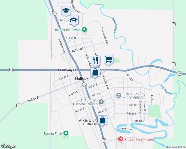 map of restaurants, bars, coffee shops, grocery stores, and more near in Hallock