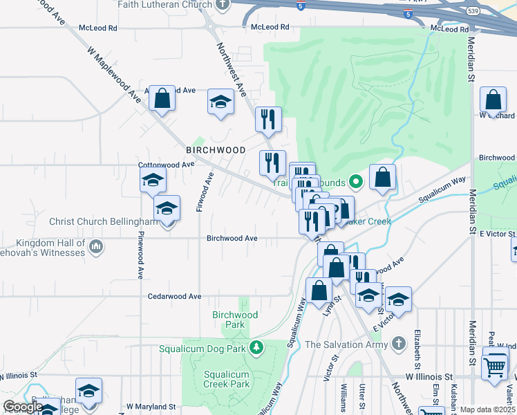 map of restaurants, bars, coffee shops, grocery stores, and more near 2617 West Maplewood Avenue in Bellingham