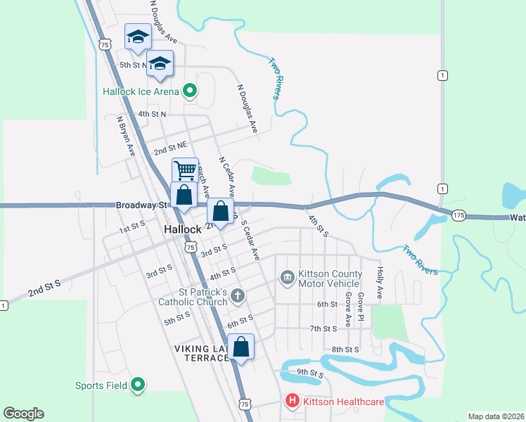 map of restaurants, bars, coffee shops, grocery stores, and more near 325 East Broadway in Hallock