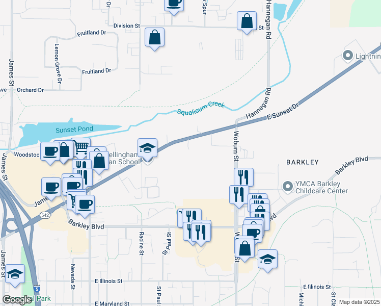 map of restaurants, bars, coffee shops, grocery stores, and more near 1808 East Sunset Drive in Bellingham