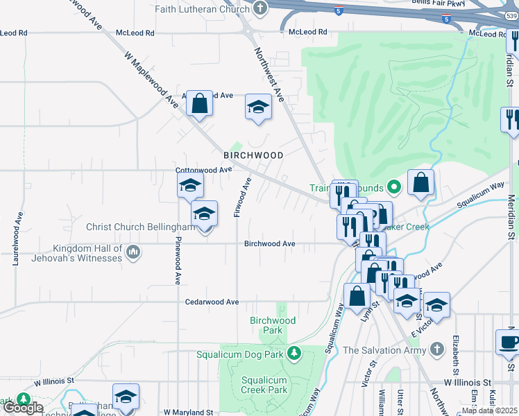 map of restaurants, bars, coffee shops, grocery stores, and more near 2715 West Maplewood Avenue in Bellingham