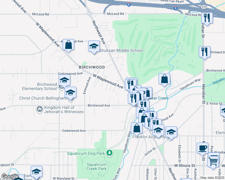 map of restaurants, bars, coffee shops, grocery stores, and more near 2617 West Maplewood Avenue in Bellingham
