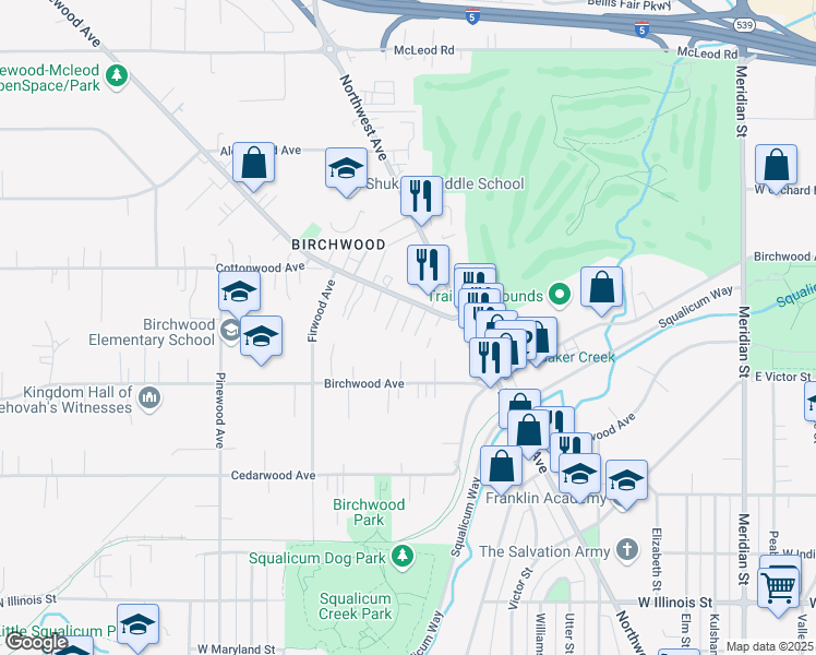 map of restaurants, bars, coffee shops, grocery stores, and more near 2617 West Maplewood Avenue in Bellingham